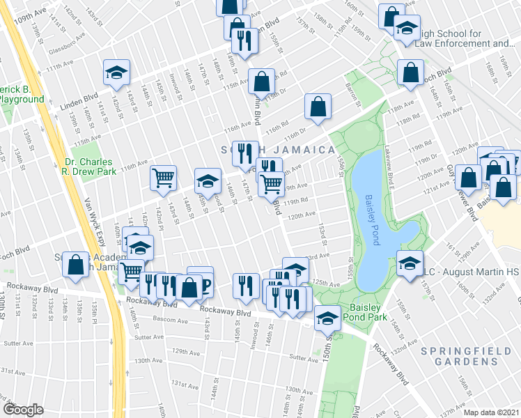 map of restaurants, bars, coffee shops, grocery stores, and more near 119-17 147th Street in Queens
