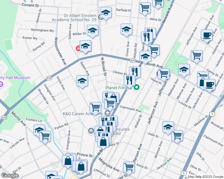 map of restaurants, bars, coffee shops, grocery stores, and more near 635 North Broad Street in Elizabeth
