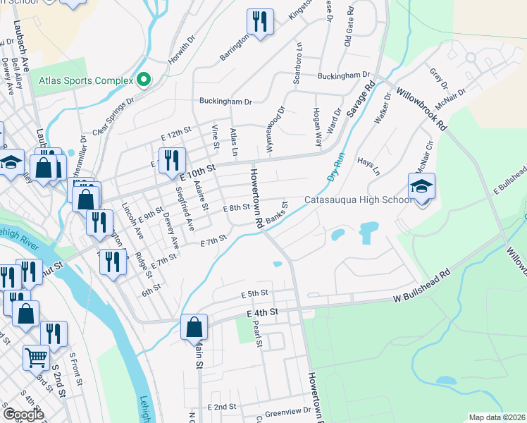 map of restaurants, bars, coffee shops, grocery stores, and more near 801 Howertown Rd in Northampton