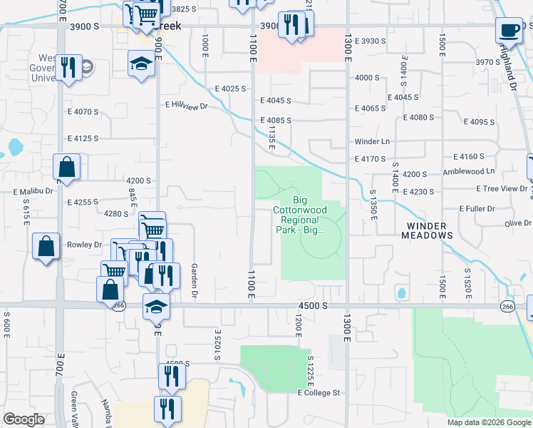 map of restaurants, bars, coffee shops, grocery stores, and more near 1114 East 4270 South in Millcreek