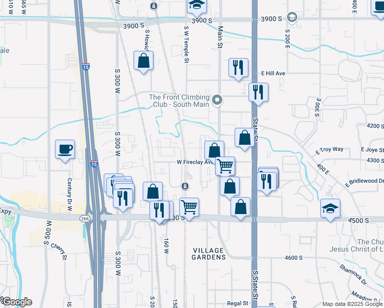 map of restaurants, bars, coffee shops, grocery stores, and more near 62 West Fireclay Avenue in Murray