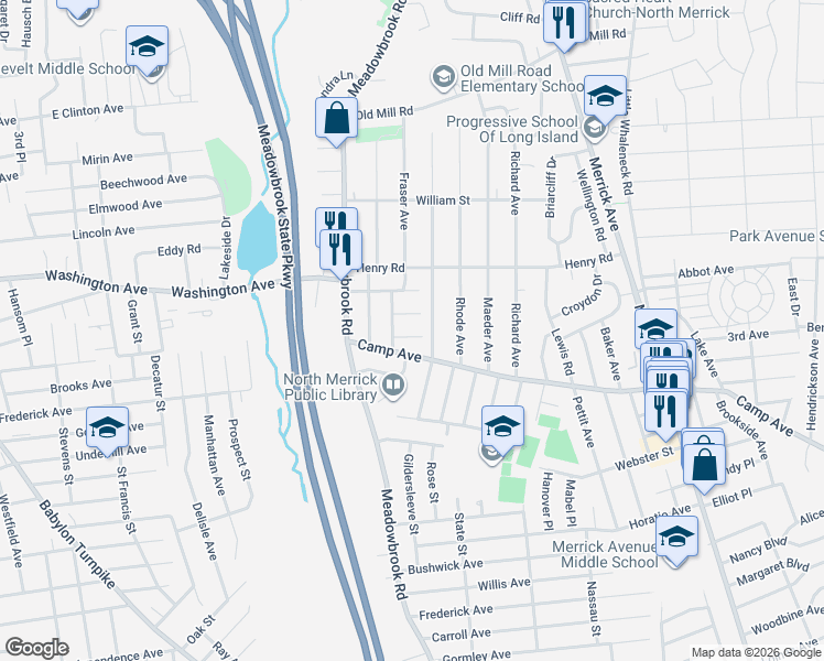 map of restaurants, bars, coffee shops, grocery stores, and more near 1741 Warren Place in Merrick