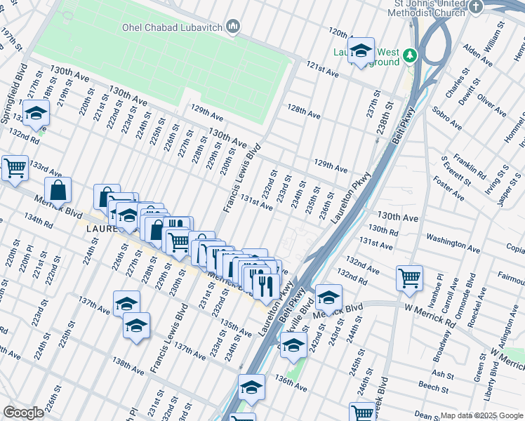map of restaurants, bars, coffee shops, grocery stores, and more near 232-1 131st Avenue in Queens
