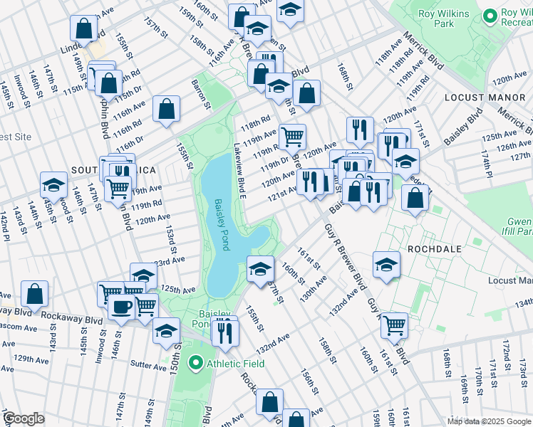 map of restaurants, bars, coffee shops, grocery stores, and more near 160-24 121st Avenue in Queens