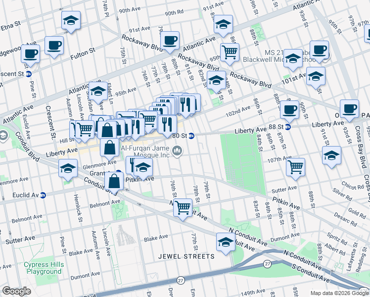 map of restaurants, bars, coffee shops, grocery stores, and more near 105-27 77th Street in Queens