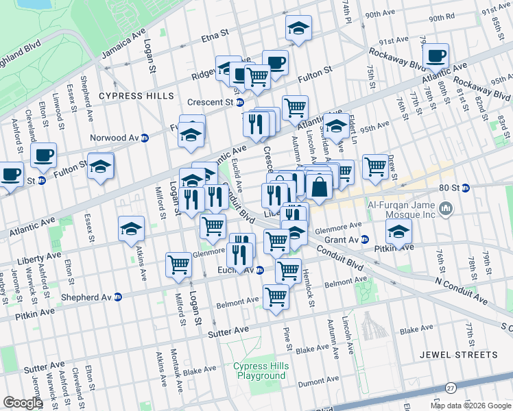 map of restaurants, bars, coffee shops, grocery stores, and more near 26 Hill Street in Brooklyn