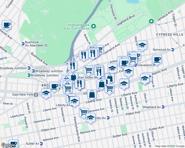 map of restaurants, bars, coffee shops, grocery stores, and more near 118 Miller Avenue in Brooklyn
