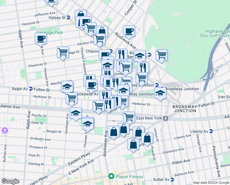 map of restaurants, bars, coffee shops, grocery stores, and more near 2083 Fulton Street in Brooklyn