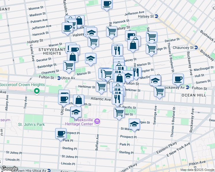 map of restaurants, bars, coffee shops, grocery stores, and more near 919 Herkimer Street in Brooklyn