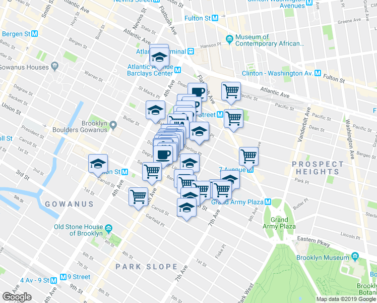 map of restaurants, bars, coffee shops, grocery stores, and more near 19 Saint Johns Place in Brooklyn
