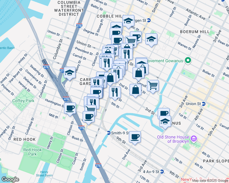 map of restaurants, bars, coffee shops, grocery stores, and more near 21 3rd Street in Brooklyn