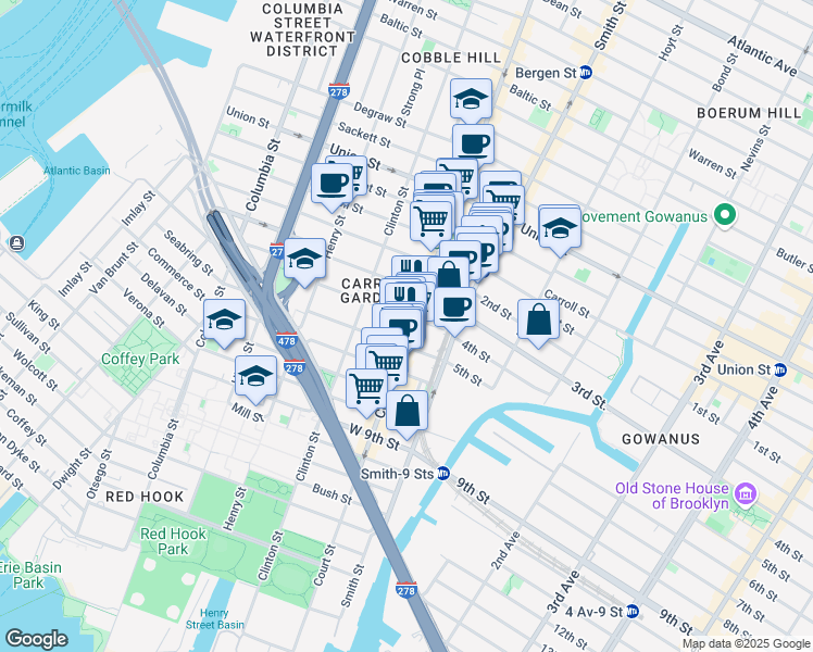 map of restaurants, bars, coffee shops, grocery stores, and more near 102 3rd Place in Brooklyn