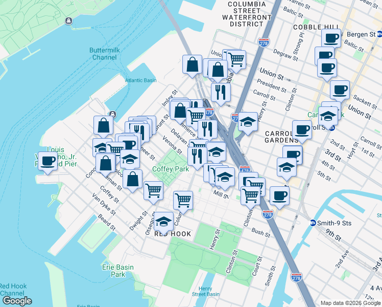 map of restaurants, bars, coffee shops, grocery stores, and more near 519 Delavan Street in Brooklyn