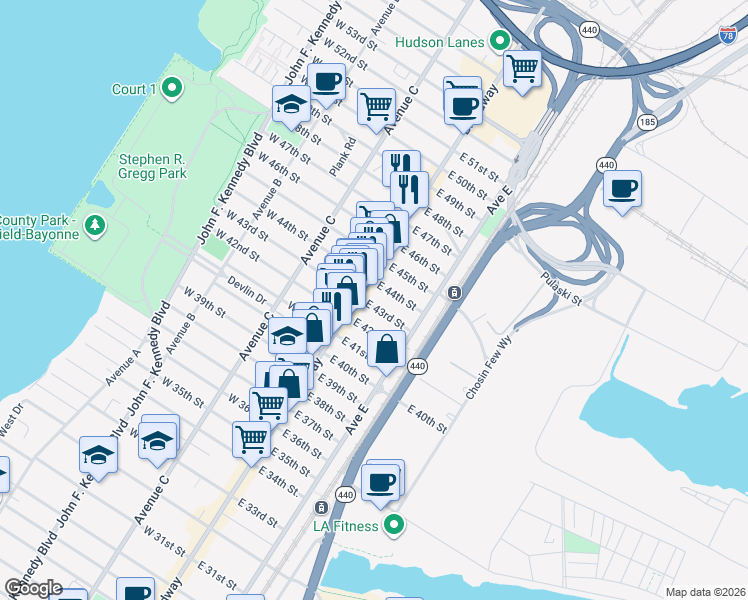 map of restaurants, bars, coffee shops, grocery stores, and more near 24 East 44th Street in Bayonne