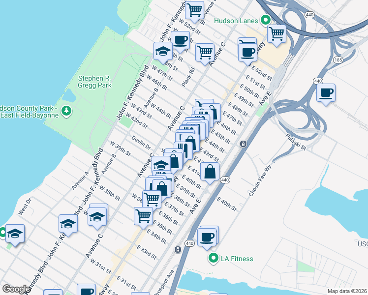 map of restaurants, bars, coffee shops, grocery stores, and more near 26-28 East 42nd Street in Bayonne
