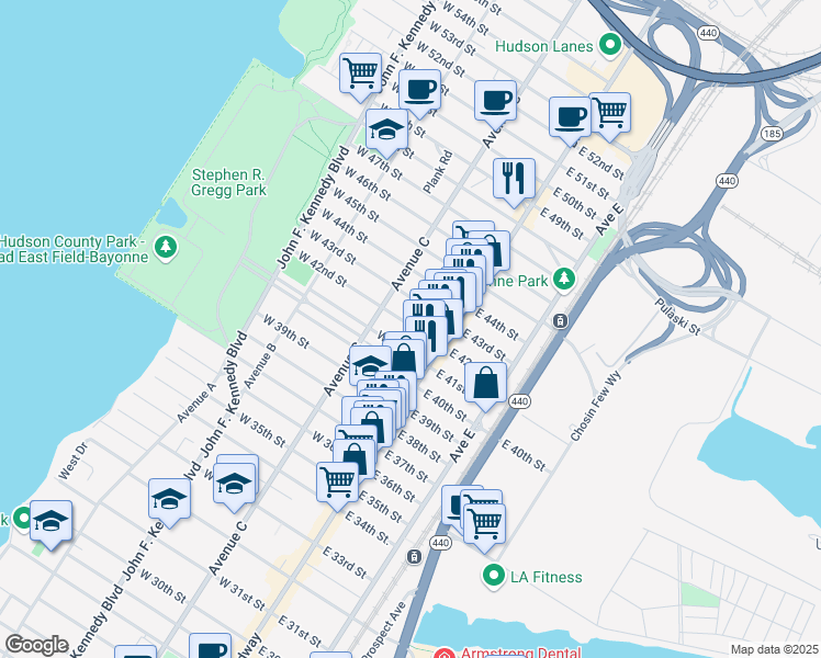 map of restaurants, bars, coffee shops, grocery stores, and more near 26-28 East 42nd Street in Bayonne
