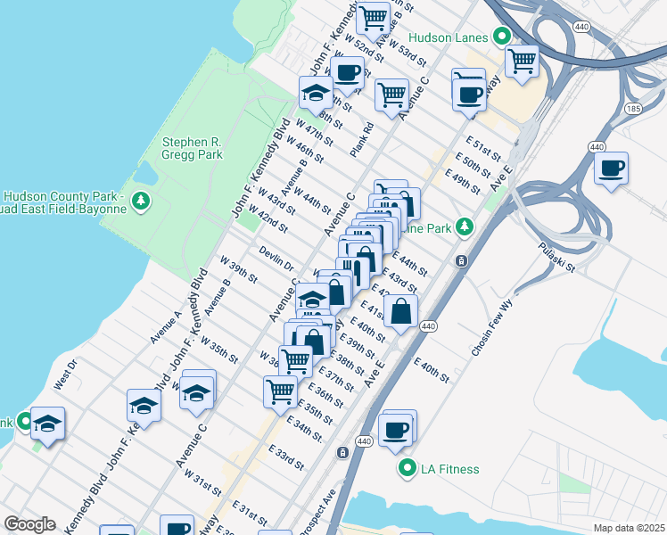 map of restaurants, bars, coffee shops, grocery stores, and more near 26-28 East 42nd Street in Bayonne