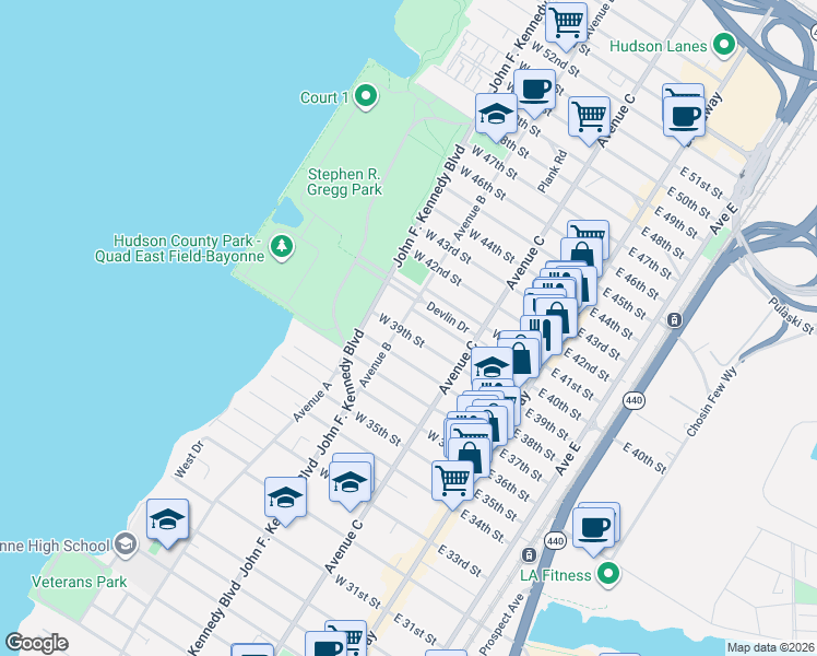 map of restaurants, bars, coffee shops, grocery stores, and more near 103 West 39th Street in Bayonne