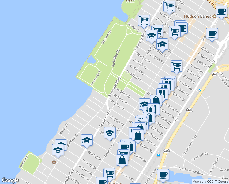 map of restaurants, bars, coffee shops, grocery stores, and more near 960 Boulevard East in Weehawken