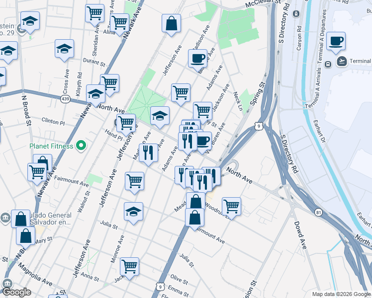 map of restaurants, bars, coffee shops, grocery stores, and more near 837 North Avenue in Elizabeth