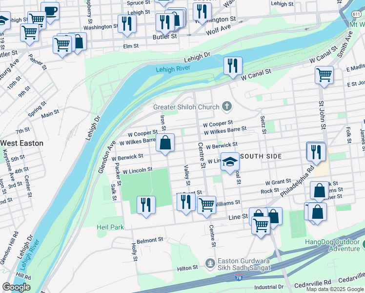 map of restaurants, bars, coffee shops, grocery stores, and more near 717 West Berwick Street in Easton