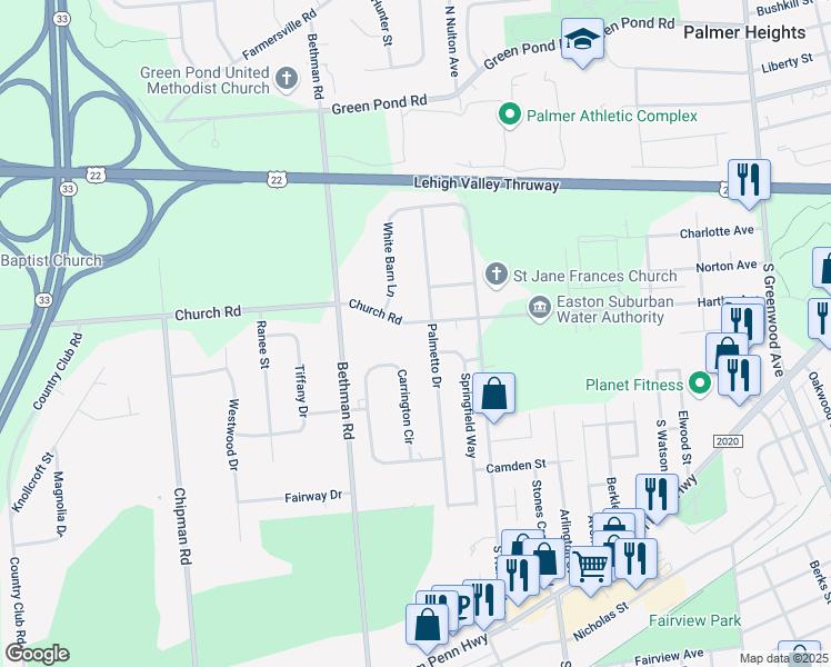 map of restaurants, bars, coffee shops, grocery stores, and more near 331 Palmetto Drive in Easton