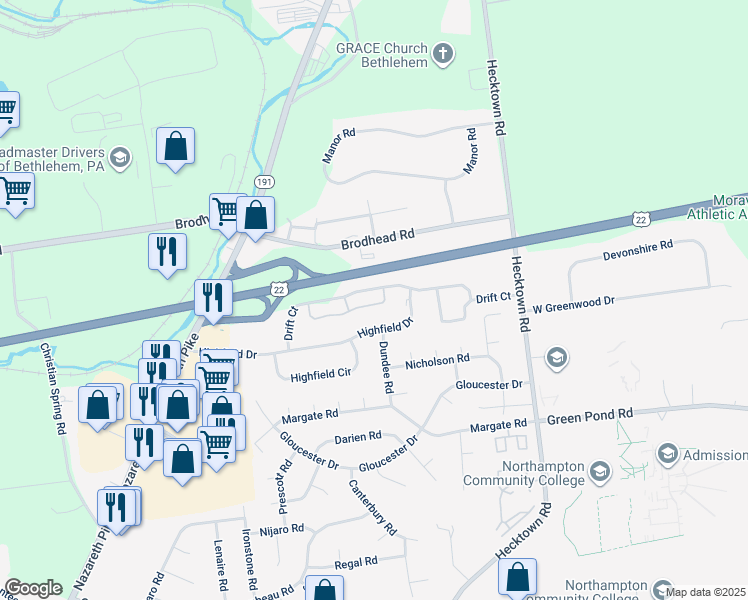 map of restaurants, bars, coffee shops, grocery stores, and more near 1301 Briarwood Drive in Bethlehem