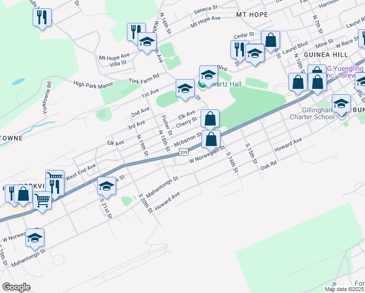 map of restaurants, bars, coffee shops, grocery stores, and more near 1734 West Market Street in Pottsville