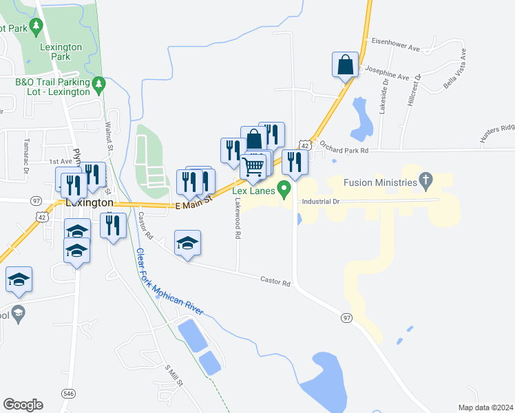 map of restaurants, bars, coffee shops, grocery stores, and more near 1 Lakewood Drive in Lexington