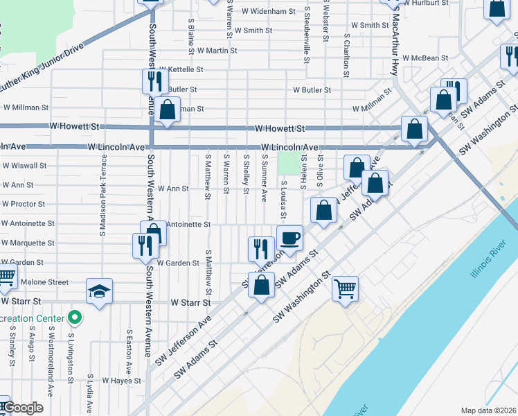 map of restaurants, bars, coffee shops, grocery stores, and more near 916 South Sumner Avenue in Peoria