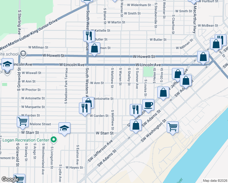 map of restaurants, bars, coffee shops, grocery stores, and more near 918 South Matthew Street in Peoria