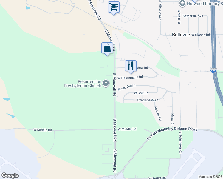 map of restaurants, bars, coffee shops, grocery stores, and more near 6023 Sioux Trail South in Bartonville