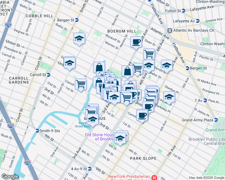 map of restaurants, bars, coffee shops, grocery stores, and more near 589 Union Street in Brooklyn