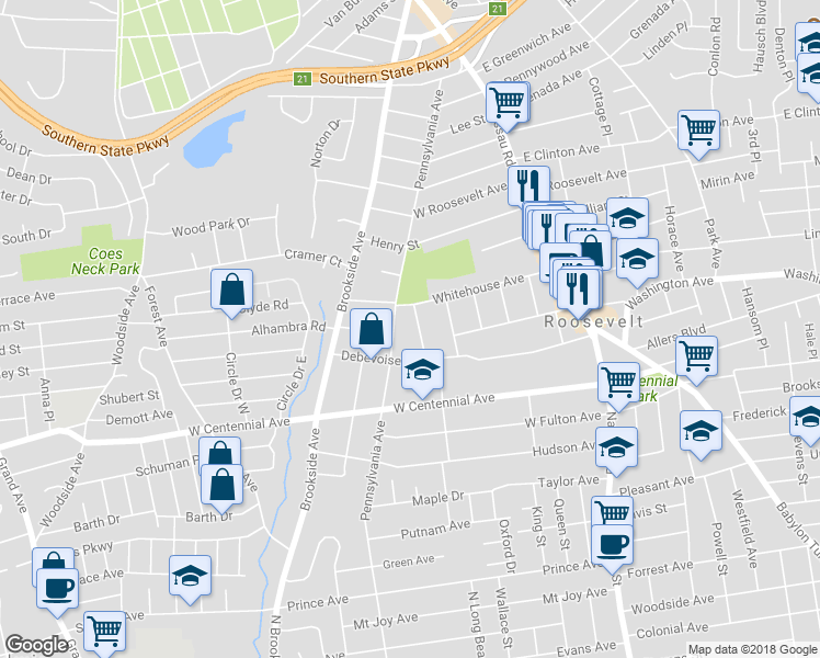 map of restaurants, bars, coffee shops, grocery stores, and more near 35 John Street in Roosevelt