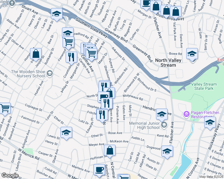 map of restaurants, bars, coffee shops, grocery stores, and more near 395 Sherbourne Road in Valley Stream