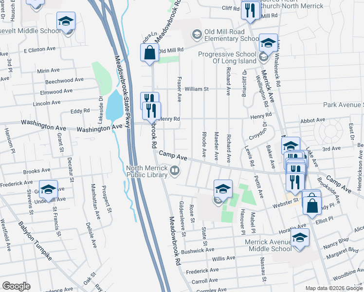 map of restaurants, bars, coffee shops, grocery stores, and more near 1741 Warren Place in Merrick