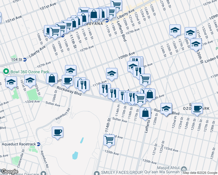 map of restaurants, bars, coffee shops, grocery stores, and more near 111-28 114th Street in Queens