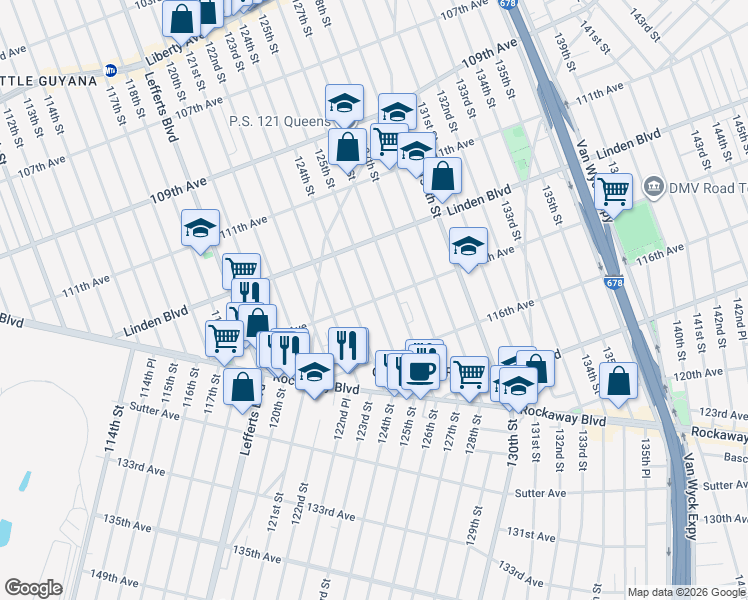 map of restaurants, bars, coffee shops, grocery stores, and more near 114-98 125th Street in Queens