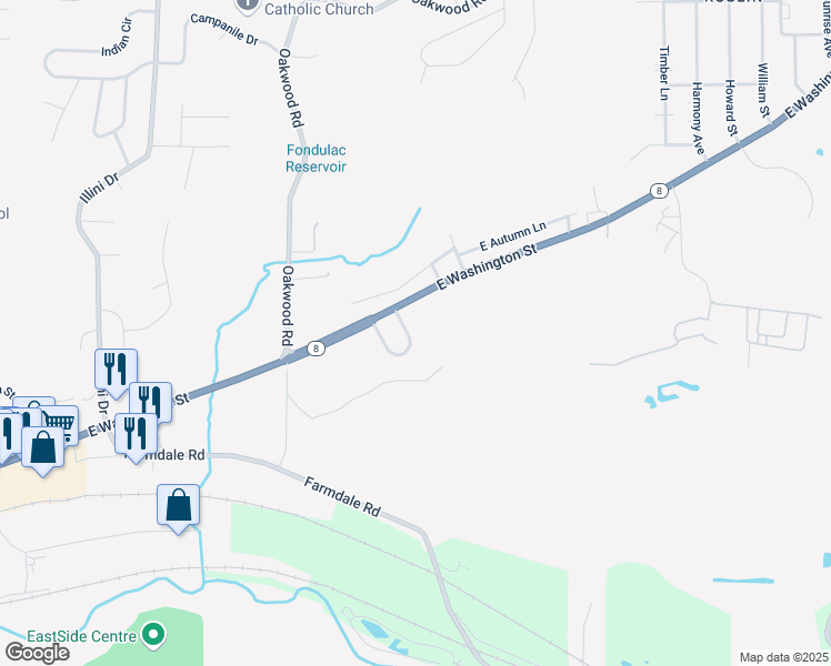 map of restaurants, bars, coffee shops, grocery stores, and more near 108 Donald Court in East Peoria