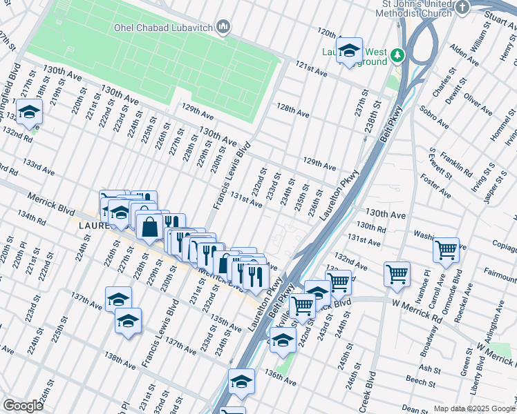 map of restaurants, bars, coffee shops, grocery stores, and more near 232-1 131st Avenue in Queens