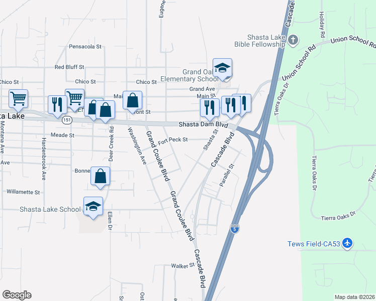 map of restaurants, bars, coffee shops, grocery stores, and more near 5113 Bonneville St in Shasta Lake