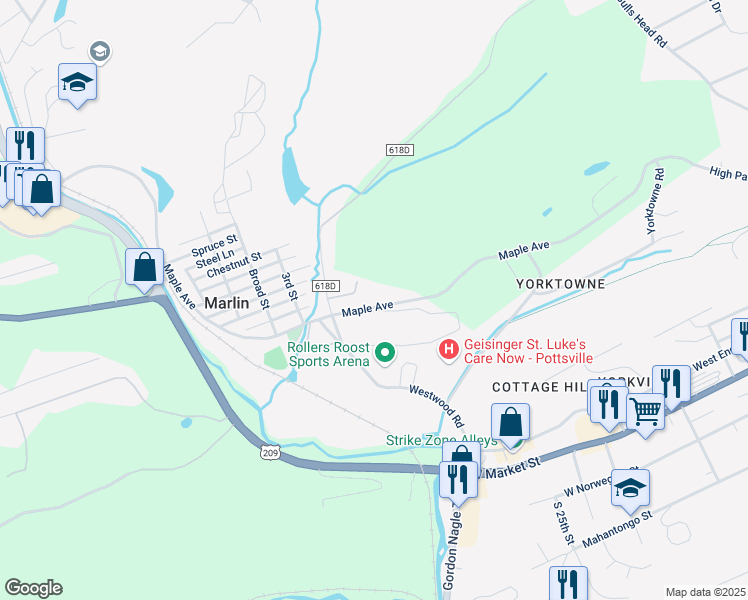 map of restaurants, bars, coffee shops, grocery stores, and more near 709 Maple Avenue in Pottsville