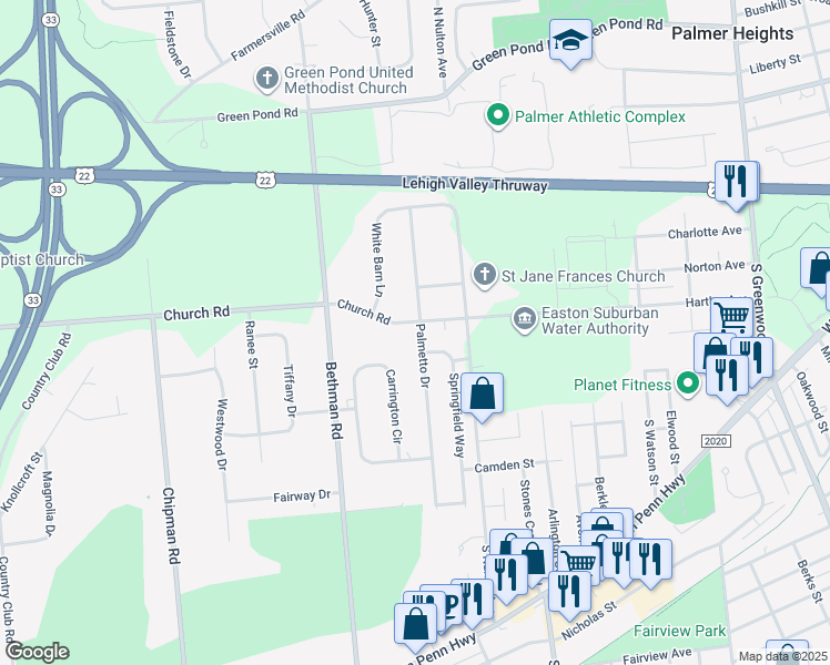 map of restaurants, bars, coffee shops, grocery stores, and more near 331 Palmetto Drive in Easton