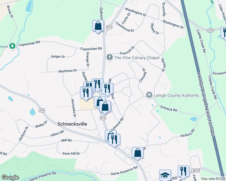 map of restaurants, bars, coffee shops, grocery stores, and more near 4243 Mohican Drive in Schnecksville