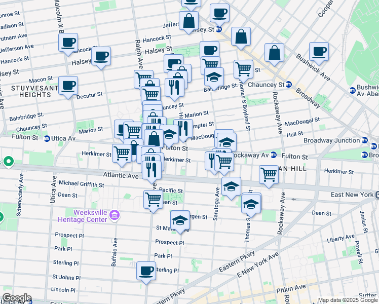map of restaurants, bars, coffee shops, grocery stores, and more near 1994 Fulton Street in Brooklyn