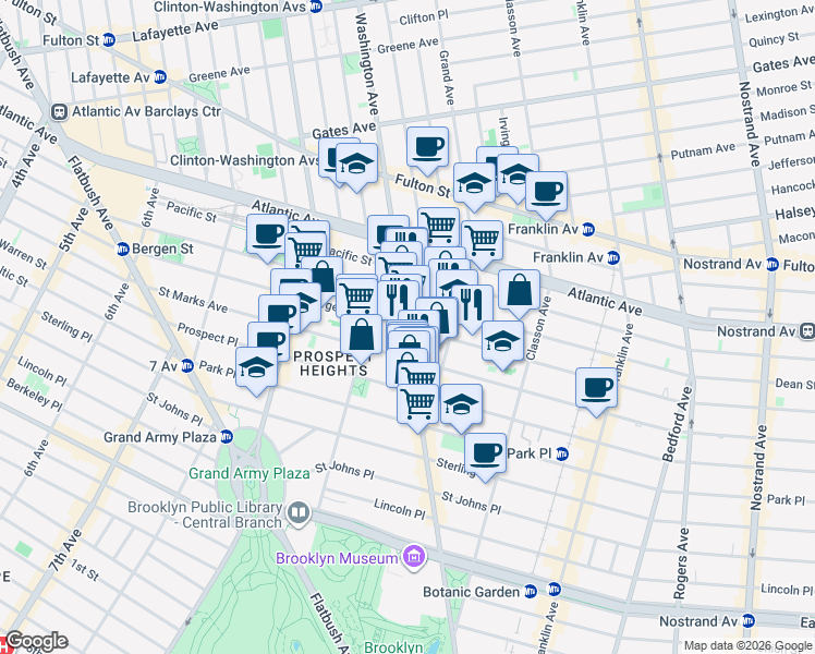 map of restaurants, bars, coffee shops, grocery stores, and more near Washington Ave & Bergen St in Brooklyn