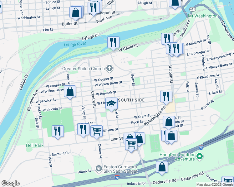 map of restaurants, bars, coffee shops, grocery stores, and more near 486 West Berwick Street in Easton