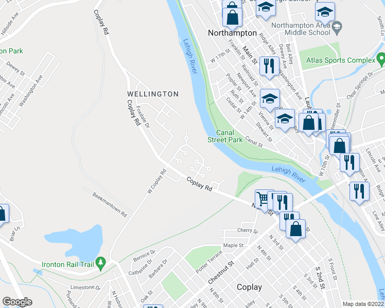 map of restaurants, bars, coffee shops, grocery stores, and more near 5125 Stone Terrace Drive in Lehigh County