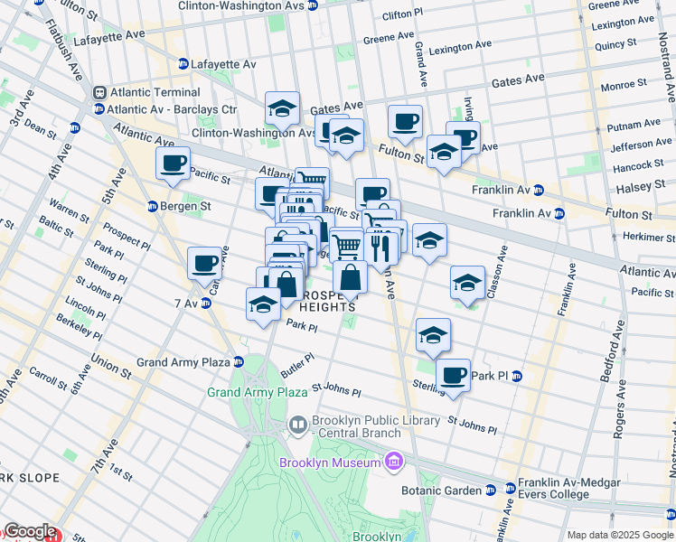 map of restaurants, bars, coffee shops, grocery stores, and more near 80 Underhill Avenue in Brooklyn