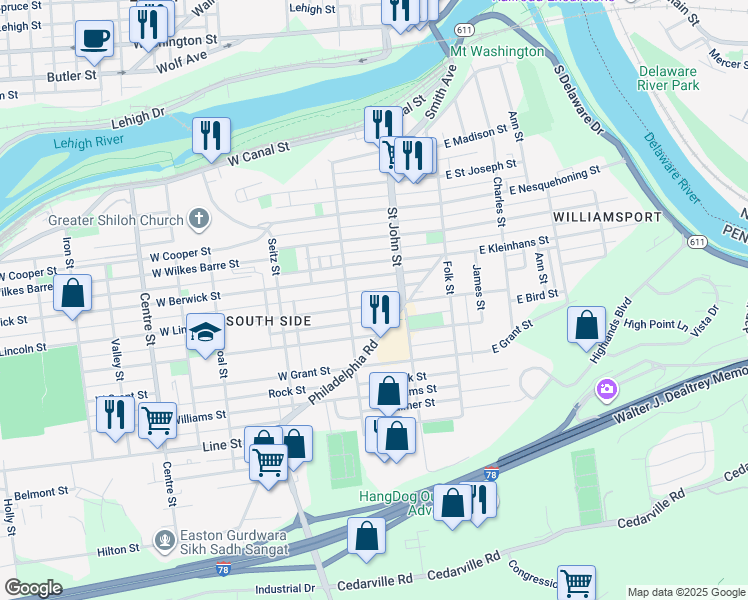 map of restaurants, bars, coffee shops, grocery stores, and more near 245 West Lincoln Street in Easton